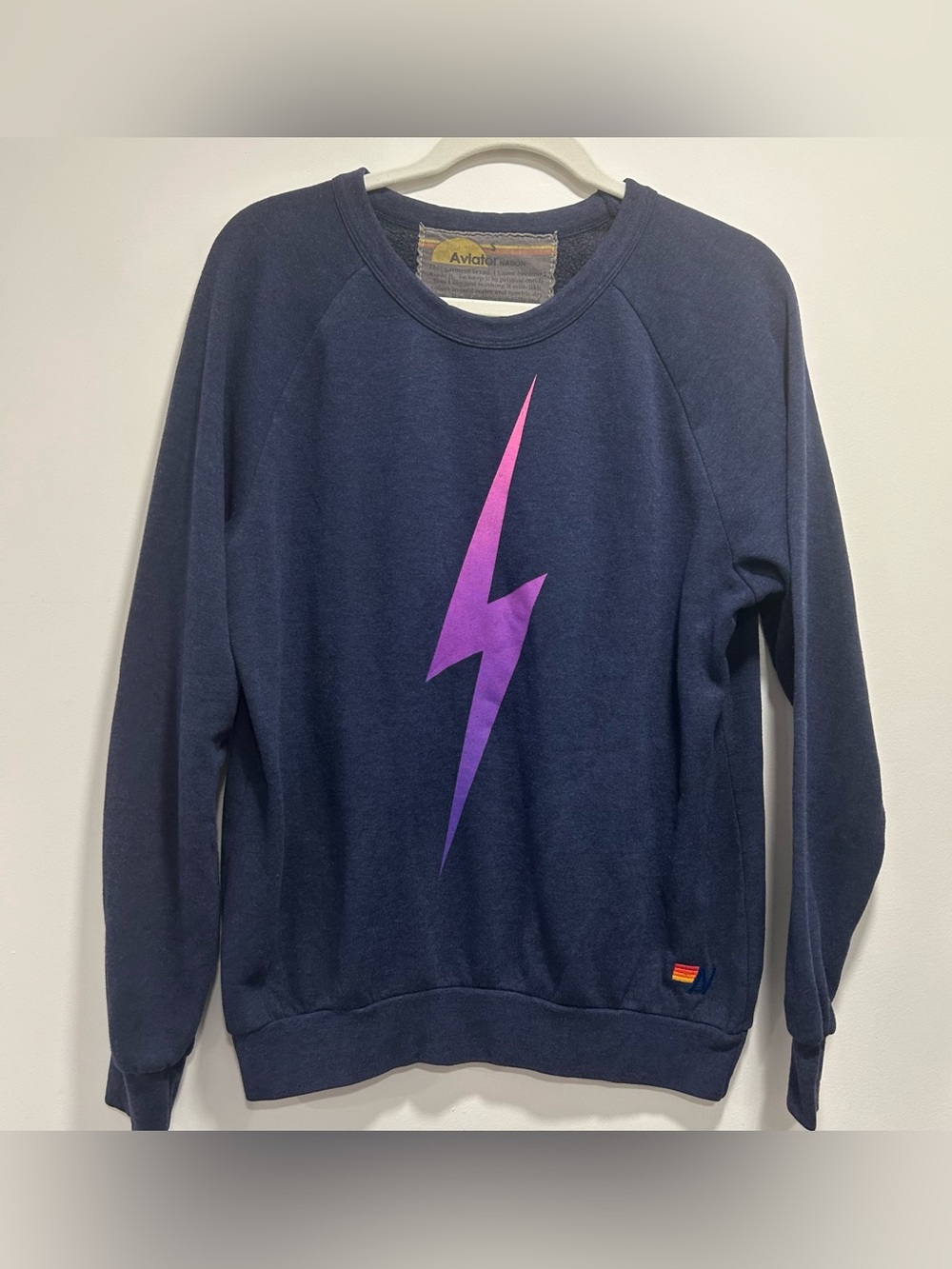Aviator Nation Sweatshirt Women's Size S Navy Blue With Purple Lightening Bolt